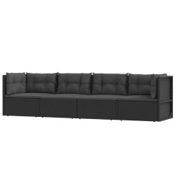 4-tlg. Garten-Lounge-Set mit Kissen Schwarz Poly Rattan