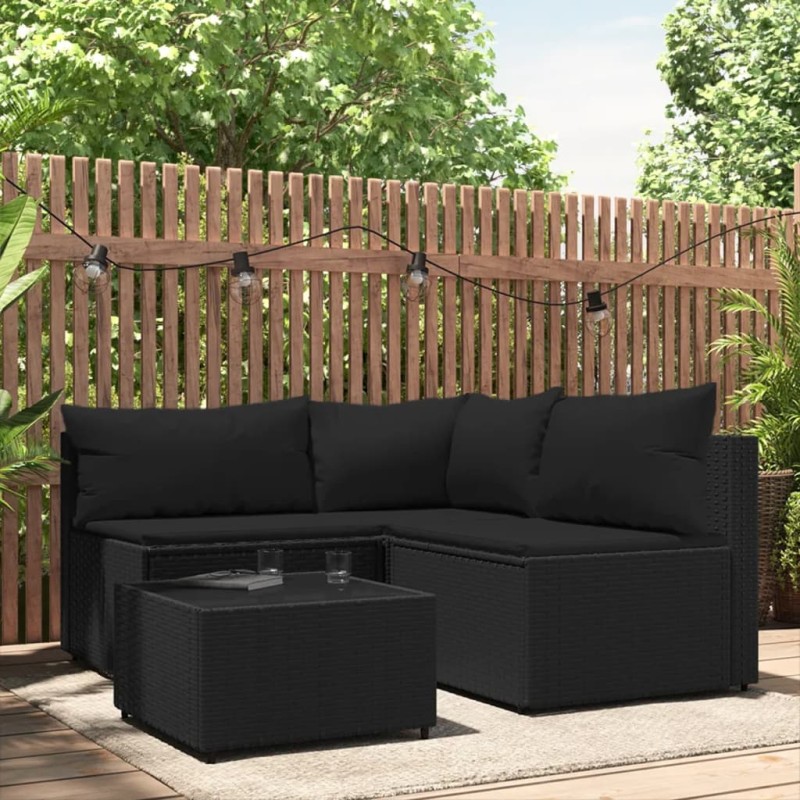 vidaXL 4-tlg. Garten-Lounge-Set mit Kissen Schwarz Poly Rattan vidaXL 4-tlg. Garten-Lounge-Set mit Kissen Schwarz Poly Rattan