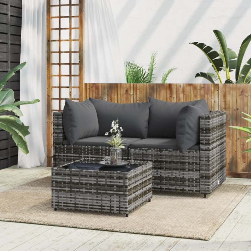vidaXL 3-tlg. Garten-Lounge-Set mit Kissen Grau Poly Rattan vidaXL 3-tlg. Garten-Lounge-Set mit Kissen Grau Poly Rattan