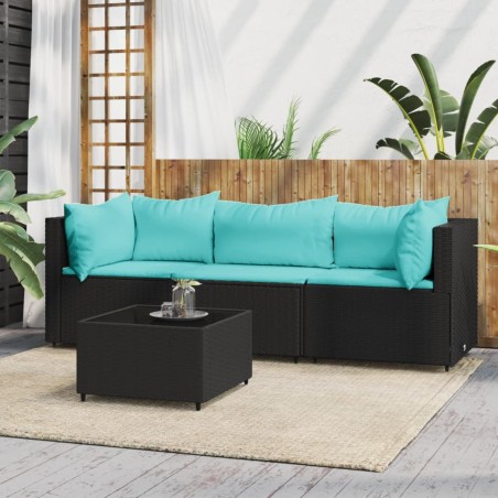 vidaXL 4-tlg. Garten-Lounge-Set mit Kissen Schwarz Poly Rattan