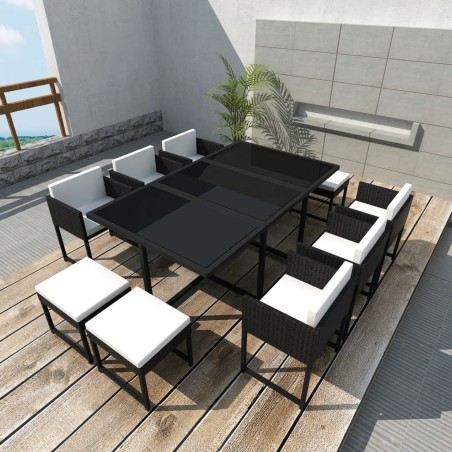 vidaXL 11-tlg. Garten-Essgruppe mit Kissen Poly Rattan Schwarz