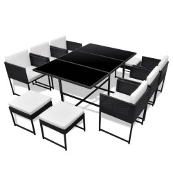 vidaXL 11-tlg. Garten-Essgruppe mit Kissen Poly Rattan Schwarz