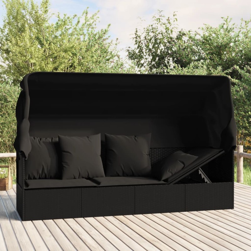 Outdoor-Loungebett mit Dach und Kissen Schwarz Poly Rattan Outdoor-Loungebett mit Dach und Kissen Schwarz Poly Rattan