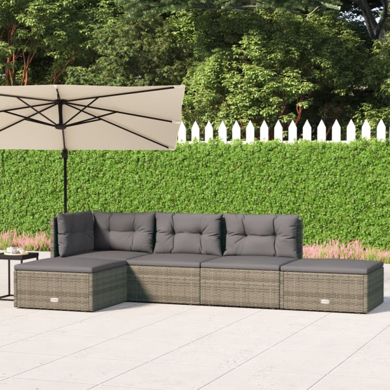 5-tlg. Garten-Lounge-Set mit Kissen Grau Poly Rattan 5-tlg. Garten-Lounge-Set mit Kissen Grau Poly Rattan