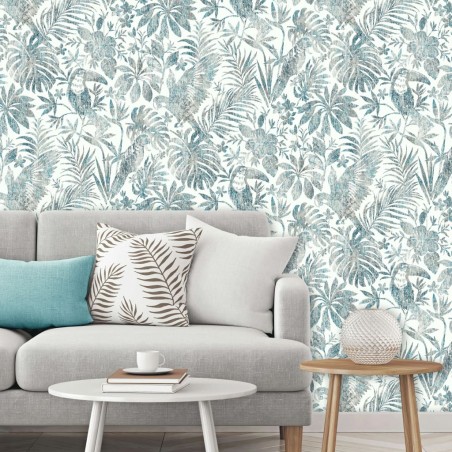 DUTCH WALLCOVERINGS Tapete Blatt- und Tukan-Motiv Blau