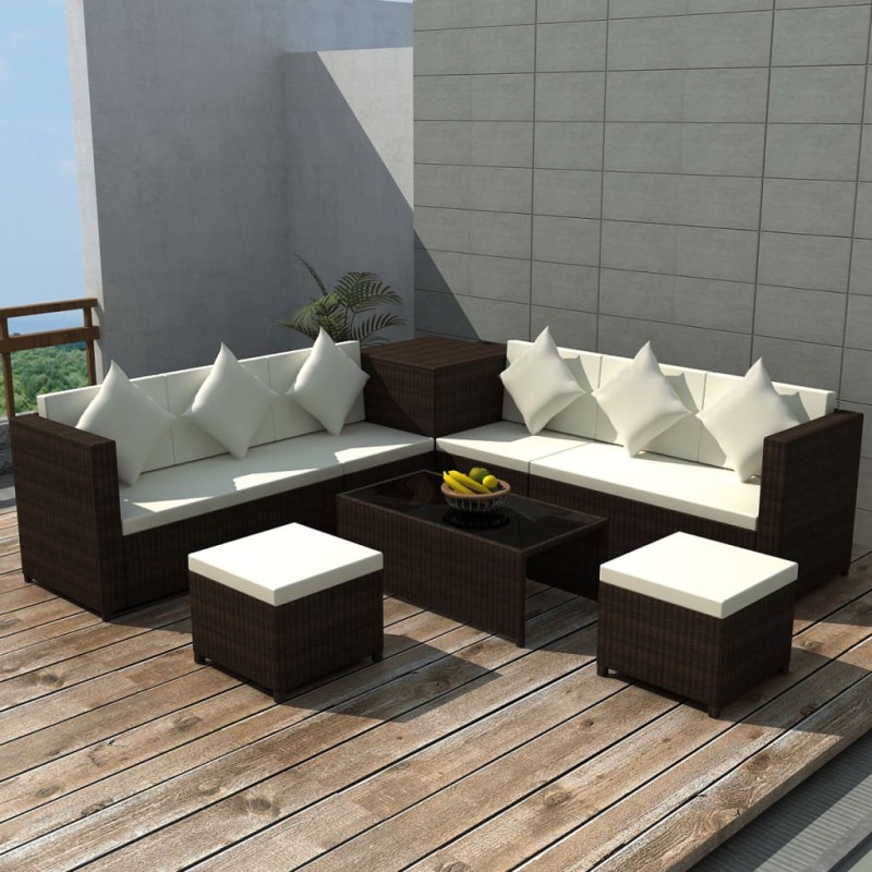 vidaXL 8-tlg. Garten-Lounge-Set mit Auflagen Poly Rattan Braun vidaXL 8-tlg. Garten-Lounge-Set mit Auflagen Poly Rattan Braun