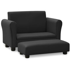 Kindersofa mit Hocker Schwarz Kunstleder