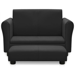 Kindersofa mit Hocker Schwarz Kunstleder