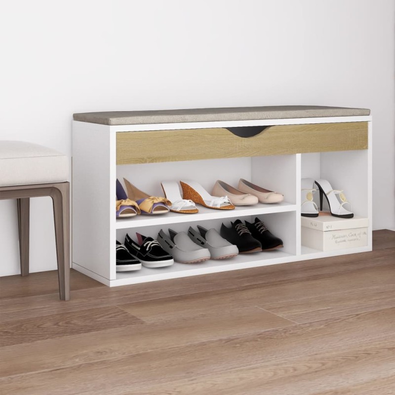Schuhbank mit Kissen Weiß Sonoma-Eiche 104x30x49cm Schuhbank mit Kissen Weiß Sonoma-Eiche 104x30x49cm