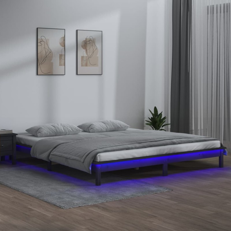 vidaXL Massivholzbett mit LEDs Grau 140x200 cm vidaXL Massivholzbett mit LEDs Grau 140x200 cm