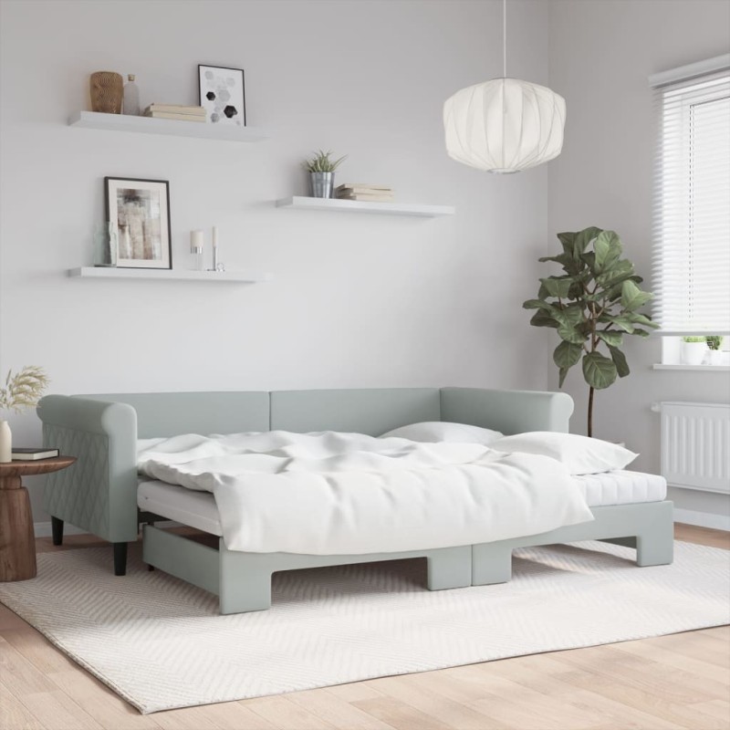 vidaXL Tagesbett Ausziehbar mit Matratzen Hellgrau 90x200 cm Samt vidaXL Tagesbett Ausziehbar mit Matratzen Hellgrau 90x200 cm Samt