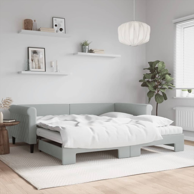 vidaXL Tagesbett Ausziehbar mit Matratzen Hellgrau 100x200 cm Samt vidaXL Tagesbett Ausziehbar mit Matratzen Hellgrau 100x200 cm Samt