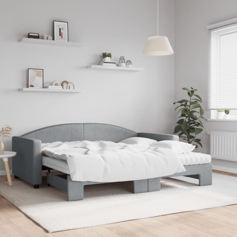 vidaXL Tagesbett Ausziehbar mit Matratze Hellgrau 90x190 cm Stoff vidaXL Tagesbett Ausziehbar mit Matratze Hellgrau 90x190 cm Stoff