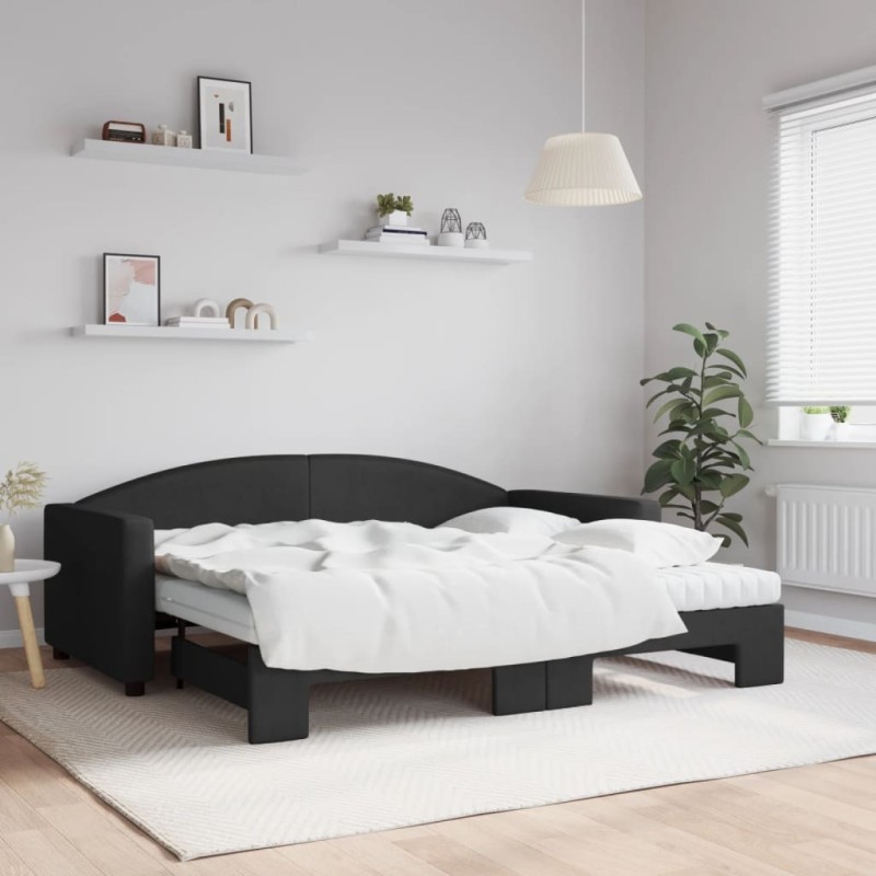 vidaXL Tagesbett Ausziehbar mit Matratzen Schwarz 90x190 cm Stoff vidaXL Tagesbett Ausziehbar mit Matratzen Schwarz 90x190 cm Stoff