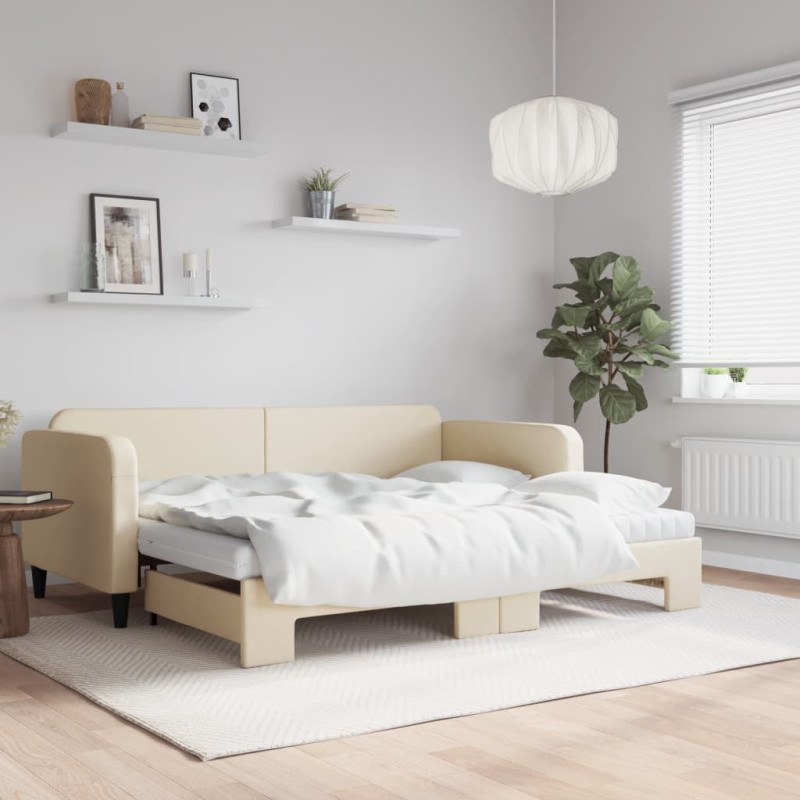 vidaXL Tagesbett Ausziehbar mit Matratzen Creme 90x200 cm Stoff vidaXL Tagesbett Ausziehbar mit Matratzen Creme 90x200 cm Stoff