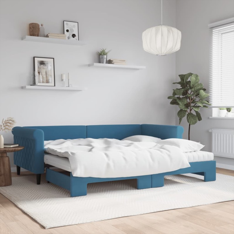 vidaXL Tagesbett Ausziehbar mit Matratzen Blau 90x200 cm Samt vidaXL Tagesbett Ausziehbar mit Matratzen Blau 90x200 cm Samt