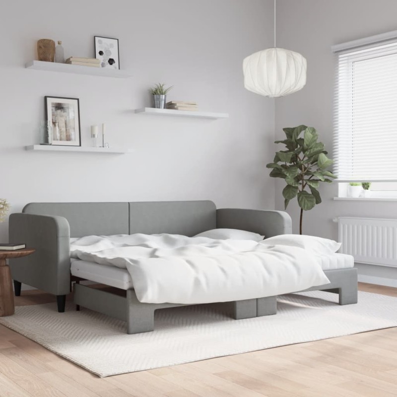 vidaXL Tagesbett Ausziehbar mit Matratze Hellgrau 100x200 cm Stoff vidaXL Tagesbett Ausziehbar mit Matratze Hellgrau 100x200 cm Stoff