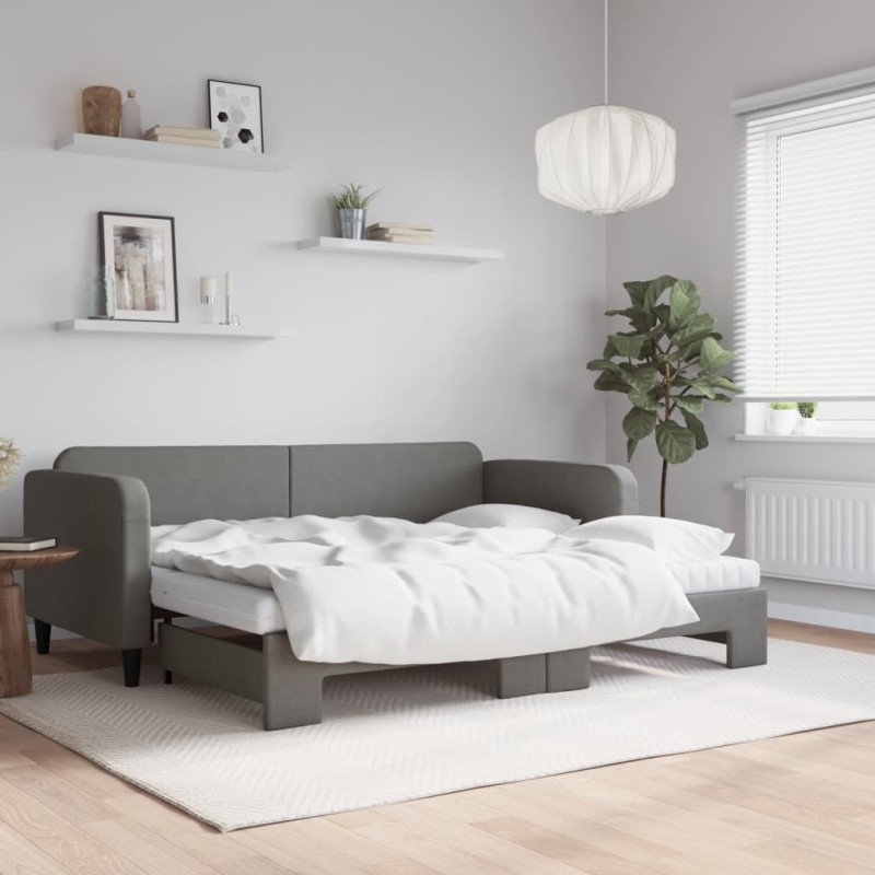 vidaXL Tagesbett Ausziehbar mit Matratzen Dunkelgrau 90x200 cm Stoff vidaXL Tagesbett Ausziehbar mit Matratzen Dunkelgrau 90x200 cm Stoff