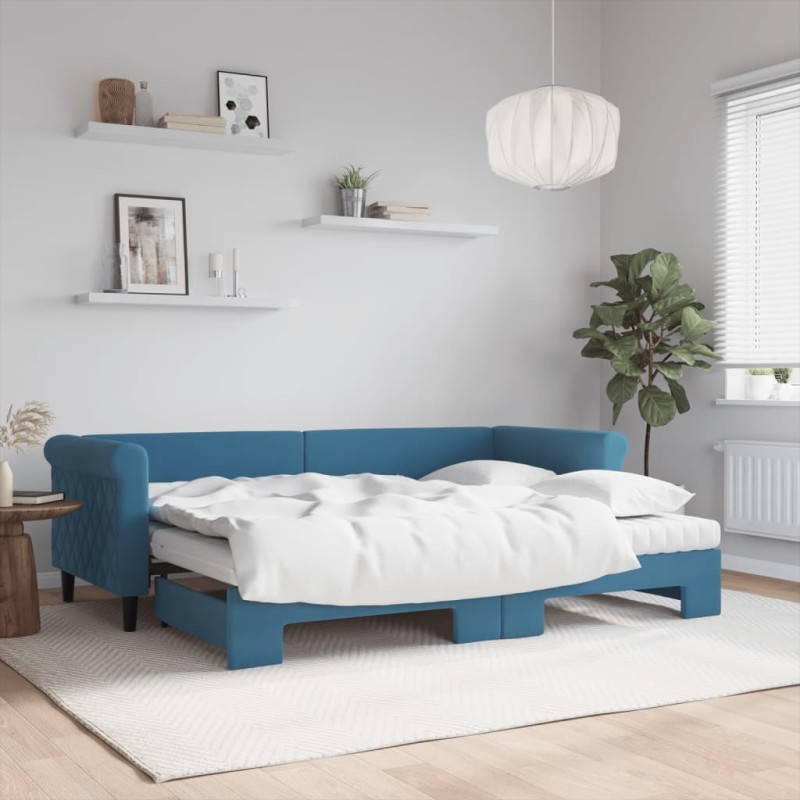 vidaXL Tagesbett Ausziehbar mit Matratzen Blau 80x200 cm Samt vidaXL Tagesbett Ausziehbar mit Matratzen Blau 80x200 cm Samt