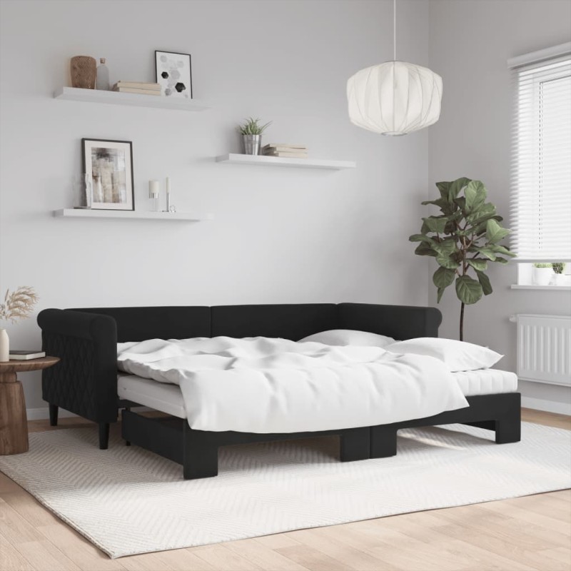 vidaXL Tagesbett Ausziehbar mit Matratzen Schwarz 90x190 cm Samt vidaXL Tagesbett Ausziehbar mit Matratzen Schwarz 90x190 cm Samt
