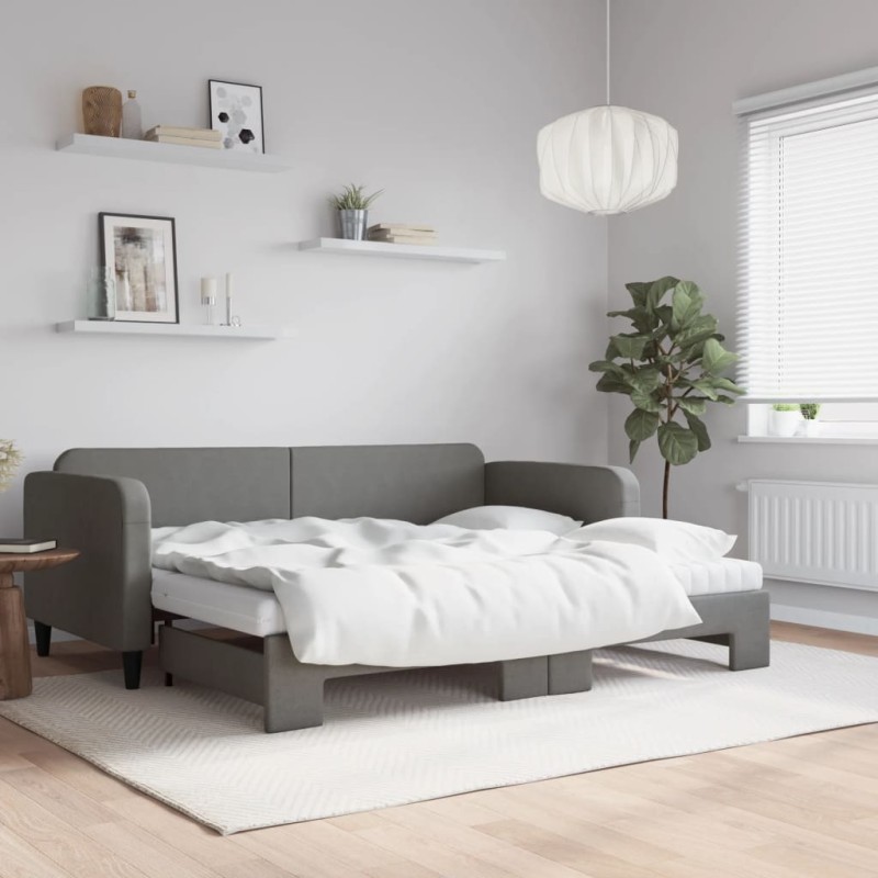 vidaXL Tagesbett Ausziehbar mit Matratzen Dunkelgrau 90x190 cm Stoff vidaXL Tagesbett Ausziehbar mit Matratzen Dunkelgrau 90x190 cm Stoff