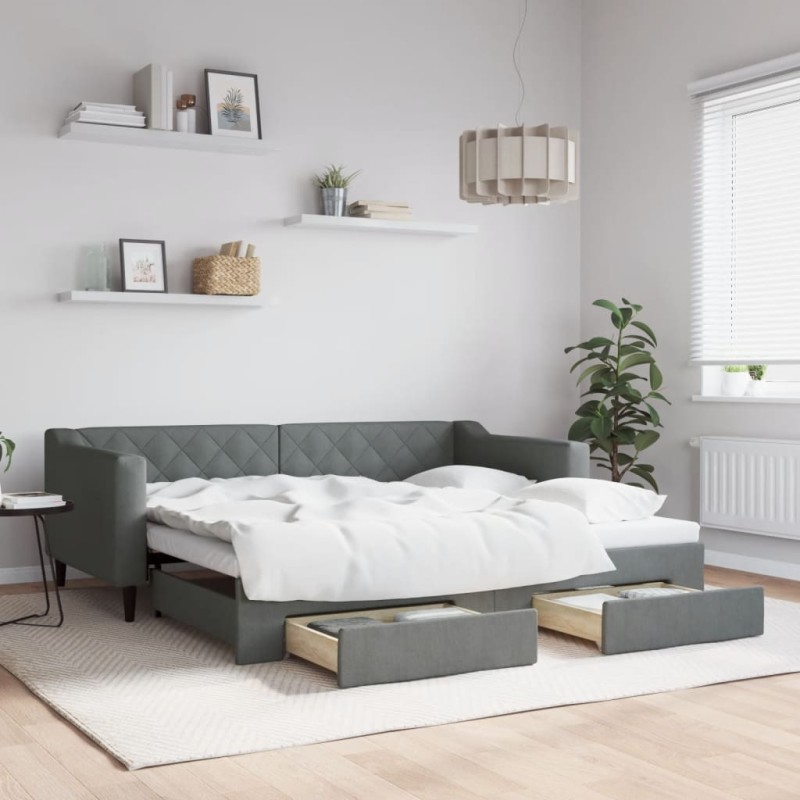 vidaXL Tagesbett Ausziehbar mit Schubladen Dunkelgrau 90x190 cm Stoff vidaXL Tagesbett Ausziehbar mit Schubladen Dunkelgrau 90x190 cm Stoff