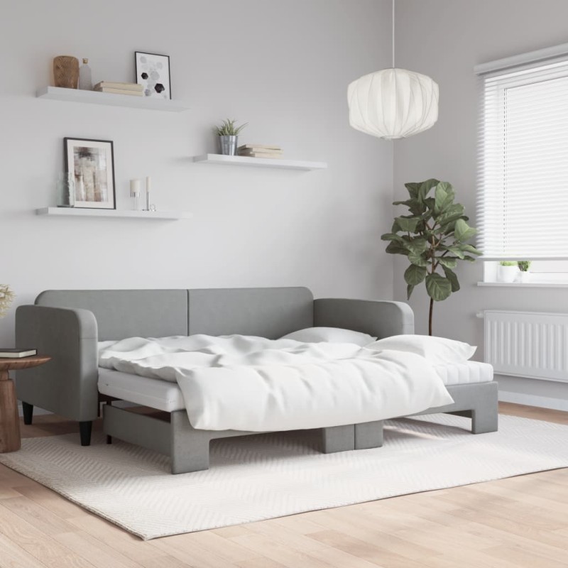 vidaXL Tagesbett Ausziehbar mit Matratze Hellgrau 90x200 cm Stoff vidaXL Tagesbett Ausziehbar mit Matratze Hellgrau 90x200 cm Stoff