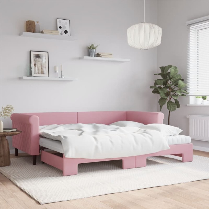 vidaXL Tagesbett Ausziehbar mit Matratzen Rosa 90x200 cm Samt vidaXL Tagesbett Ausziehbar mit Matratzen Rosa 90x200 cm Samt