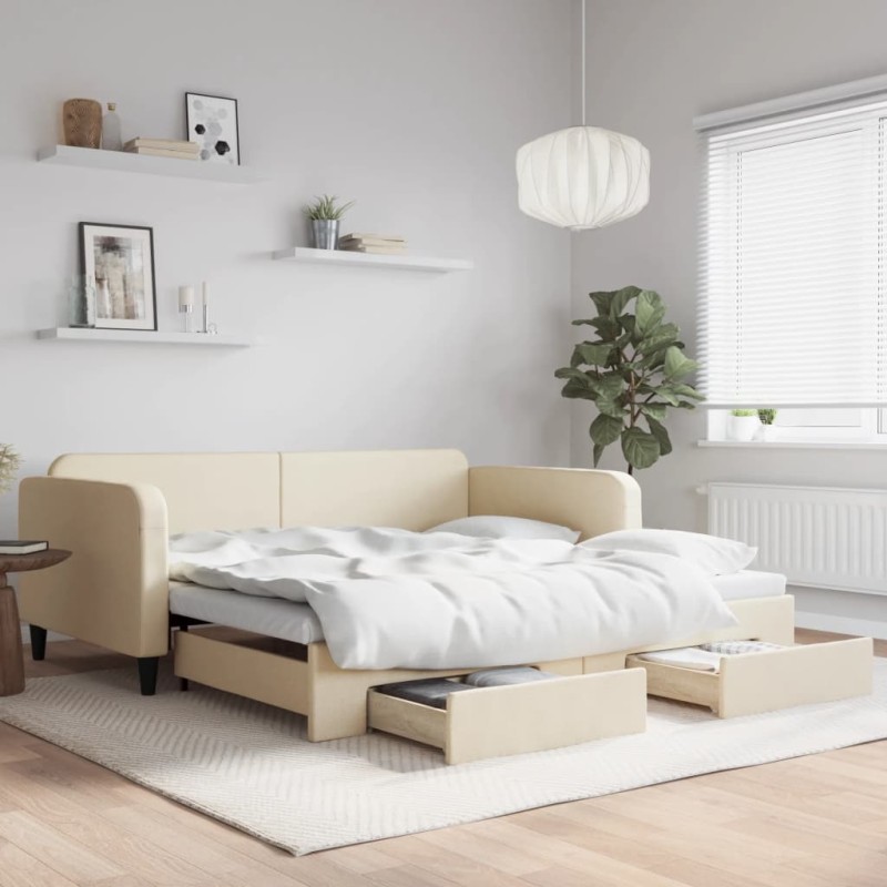 vidaXL Tagesbett Ausziehbar mit Schubladen Creme 100x200 cm Stoff vidaXL Tagesbett Ausziehbar mit Schubladen Creme 100x200 cm Stoff