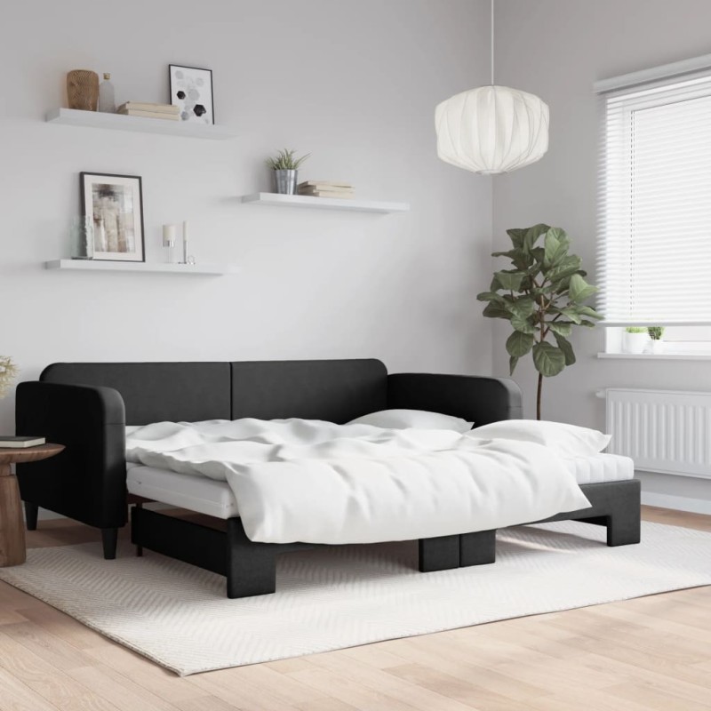 vidaXL Tagesbett Ausziehbar mit Matratzen Schwarz 100x200 cm Stoff vidaXL Tagesbett Ausziehbar mit Matratzen Schwarz 100x200 cm Stoff
