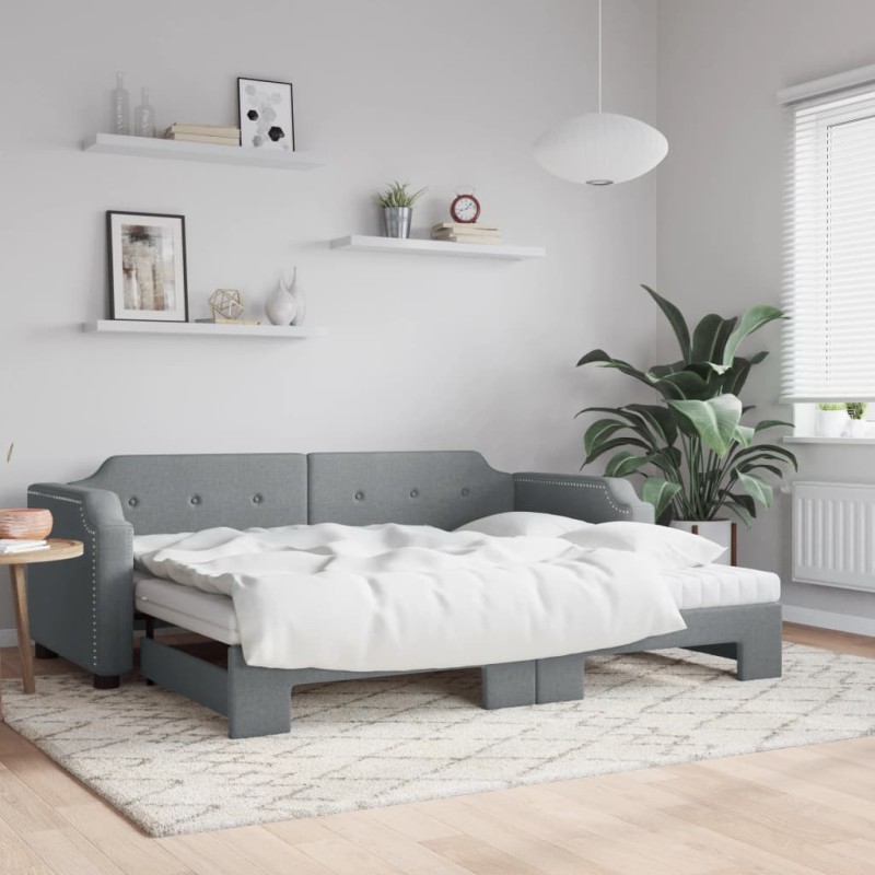 vidaXL Tagesbett Ausziehbar mit Matratze Hellgrau 80x200 cm Stoff vidaXL Tagesbett Ausziehbar mit Matratze Hellgrau 80x200 cm Stoff