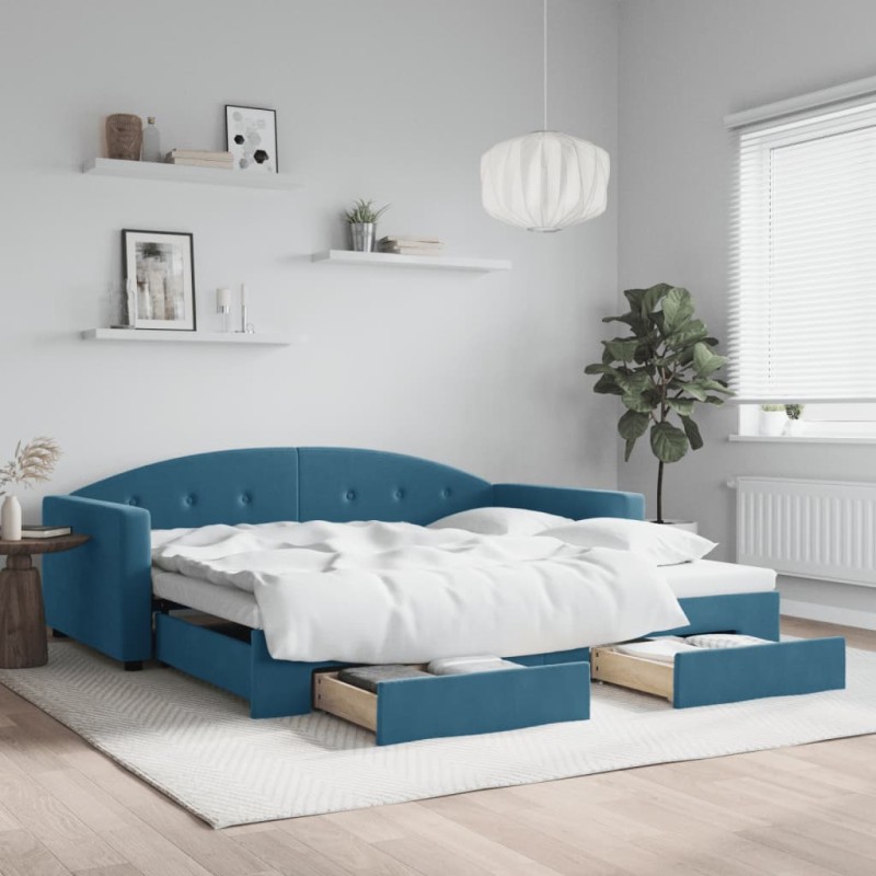 vidaXL Tagesbett Ausziehbar mit Schubladen Blau 100x200 cm Samt vidaXL Tagesbett Ausziehbar mit Schubladen Blau 100x200 cm Samt