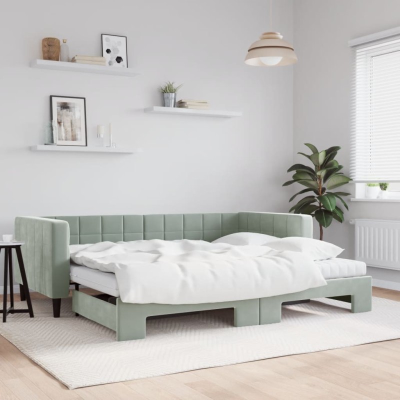 vidaXL Tagesbett Ausziehbar mit Matratzen Hellgrau 90x190 cm Samt vidaXL Tagesbett Ausziehbar mit Matratzen Hellgrau 90x190 cm Samt