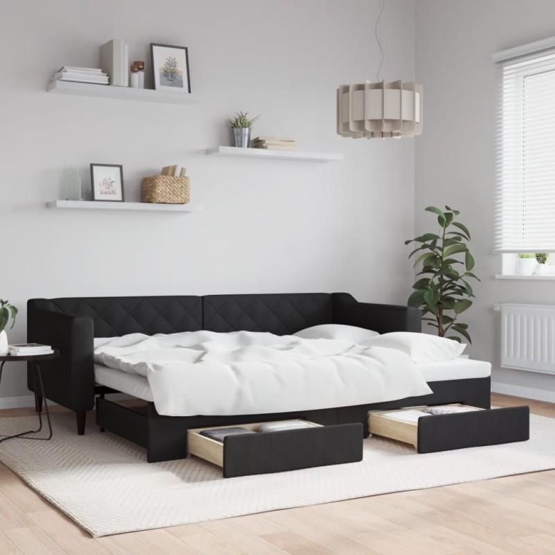 vidaXL Tagesbett Ausziehbar mit Schubladen Schwarz 80x200 cm Stoff vidaXL Tagesbett Ausziehbar mit Schubladen Schwarz 80x200 cm Stoff