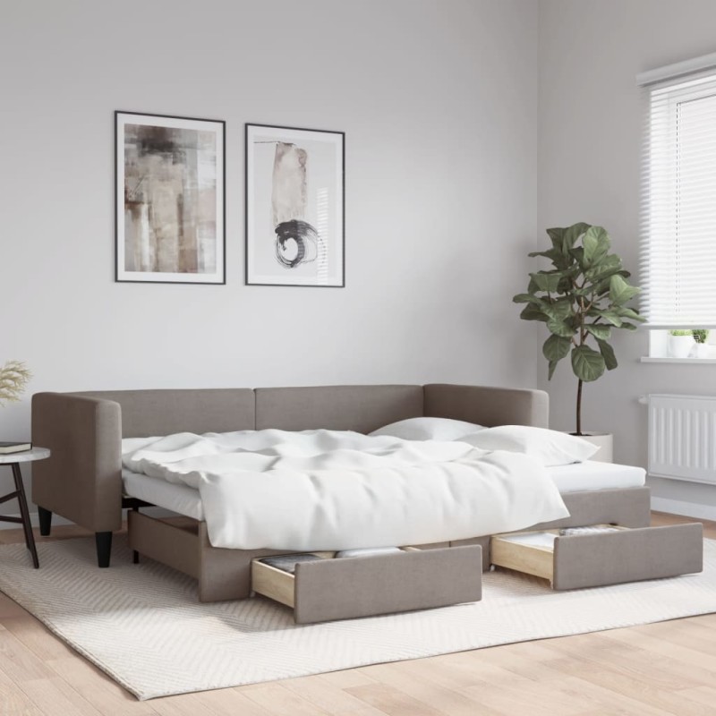 vidaXL Tagesbett Ausziehbar mit Schubladen Taupe 90x200 cm Stoff vidaXL Tagesbett Ausziehbar mit Schubladen Taupe 90x200 cm Stoff