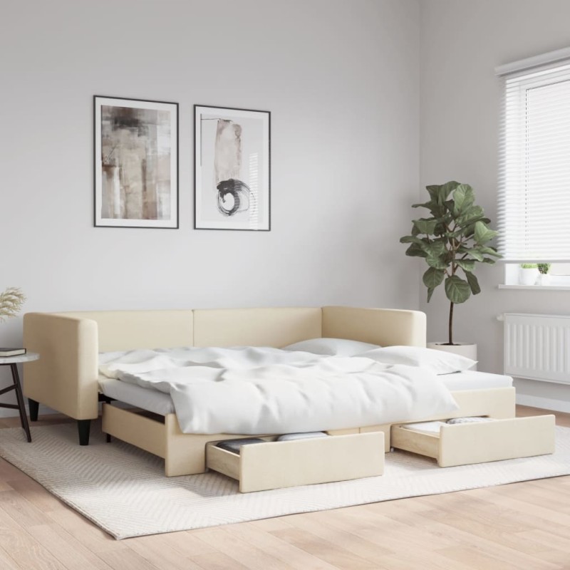vidaXL Tagesbett Ausziehbar mit Schubladen Creme 100x200 cm Stoff vidaXL Tagesbett Ausziehbar mit Schubladen Creme 100x200 cm Stoff