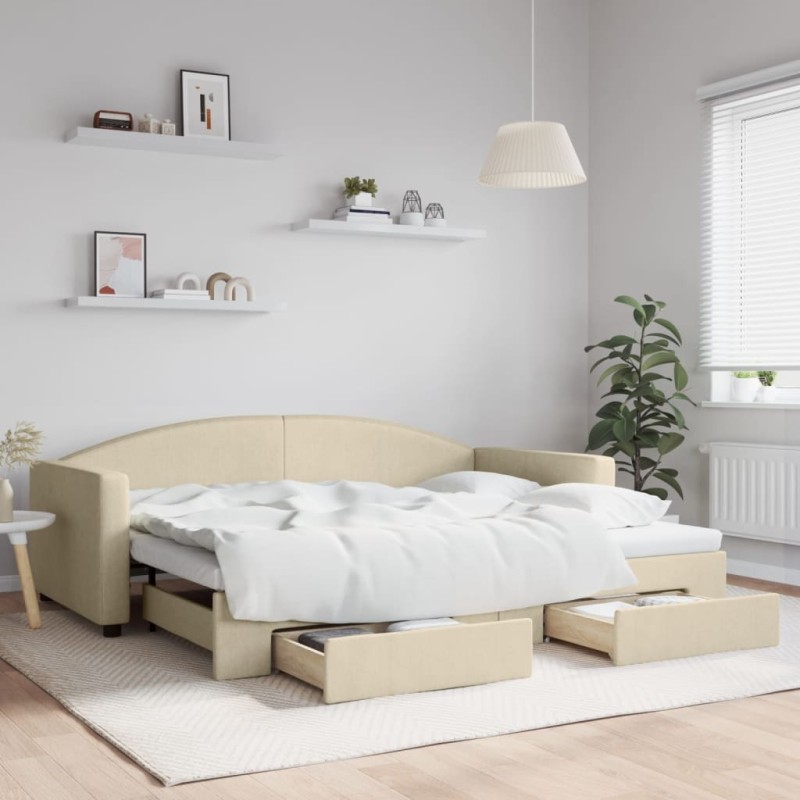 vidaXL Tagesbett Ausziehbar mit Schubladen Creme 90x200 cm Stoff vidaXL Tagesbett Ausziehbar mit Schubladen Creme 90x200 cm Stoff