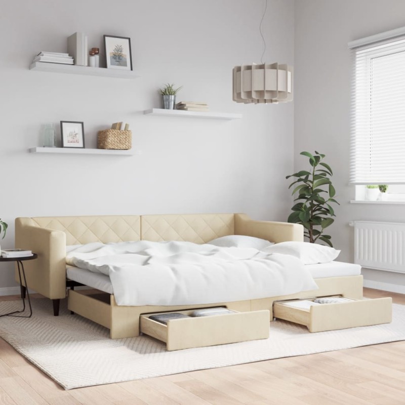 vidaXL Tagesbett Ausziehbar mit Schubladen Creme 90x200 cm Stoff vidaXL Tagesbett Ausziehbar mit Schubladen Creme 90x200 cm Stoff