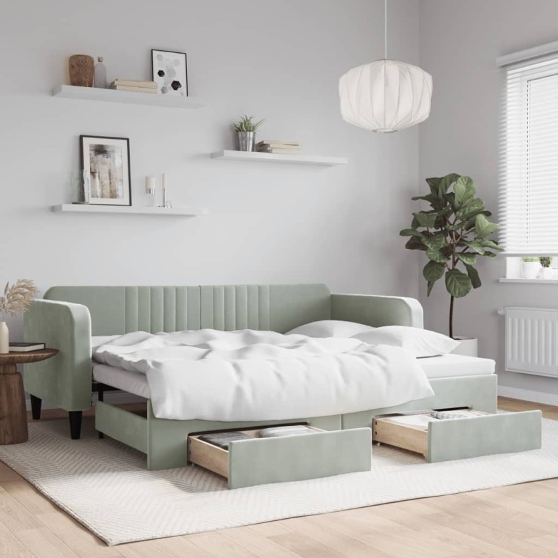 vidaXL Tagesbett Ausziehbar mit Schubladen Hellgrau 90x200 cm Samt vidaXL Tagesbett Ausziehbar mit Schubladen Hellgrau 90x200 cm Samt