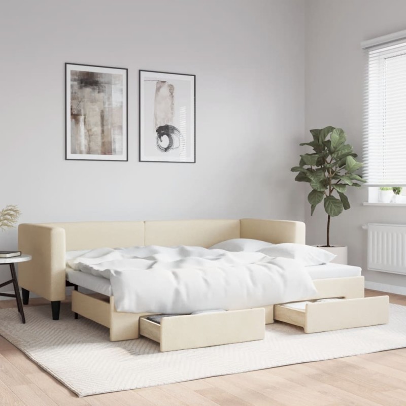 vidaXL Tagesbett Ausziehbar mit Schubladen Creme 80x200 cm Stoff vidaXL Tagesbett Ausziehbar mit Schubladen Creme 80x200 cm Stoff