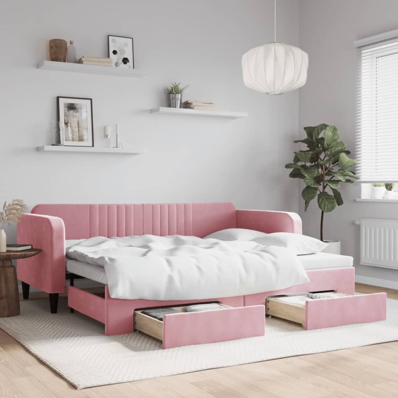 vidaXL Tagesbett Ausziehbar mit Schubladen Rosa 90x200 cm Samt vidaXL Tagesbett Ausziehbar mit Schubladen Rosa 90x200 cm Samt