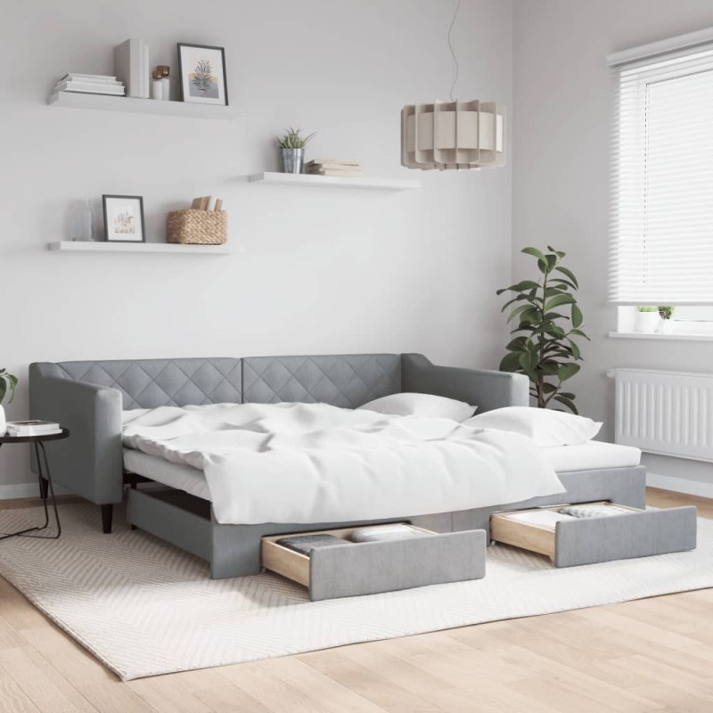 vidaXL Tagesbett Ausziehbar mit Schubladen Hellgrau 100x200 cm Stoff vidaXL Tagesbett Ausziehbar mit Schubladen Hellgrau 100x200 cm Stoff