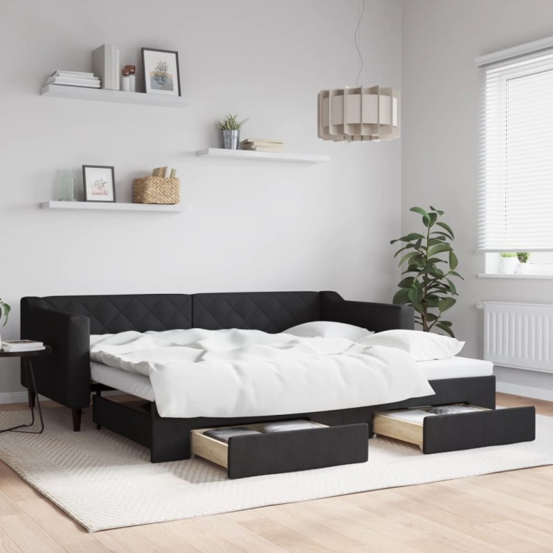 vidaXL Tagesbett Ausziehbar mit Schubladen Schwarz 90x200 cm Stoff vidaXL Tagesbett Ausziehbar mit Schubladen Schwarz 90x200 cm Stoff