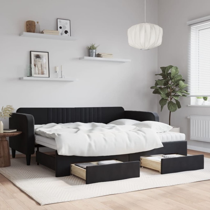 vidaXL Tagesbett Ausziehbar mit Schubladen Schwarz 90x200 cm Samt vidaXL Tagesbett Ausziehbar mit Schubladen Schwarz 90x200 cm Samt