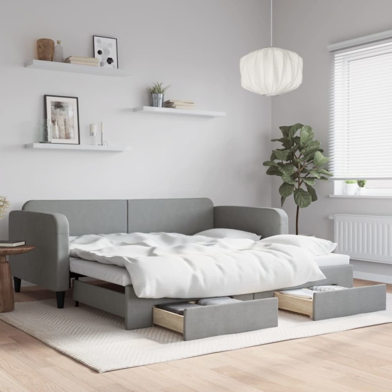 vidaXL Tagesbett Ausziehbar mit Schubladen Hellgrau 100x200 cm Stoff vidaXL Tagesbett Ausziehbar mit Schubladen Hellgrau 100x200 cm Stoff