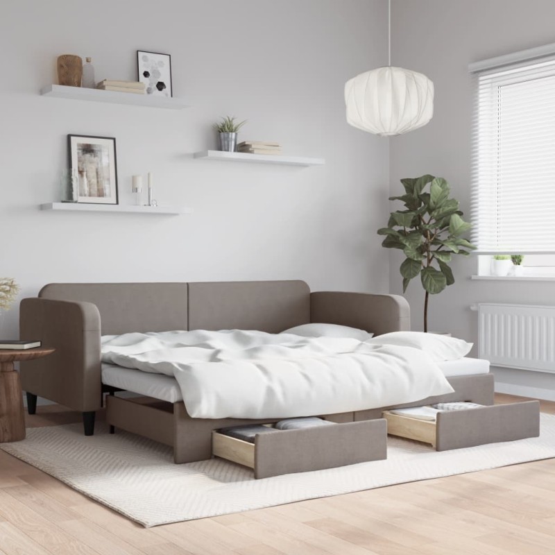 vidaXL Tagesbett Ausziehbar mit Schubladen Taupe 90x200 cm Stoff vidaXL Tagesbett Ausziehbar mit Schubladen Taupe 90x200 cm Stoff