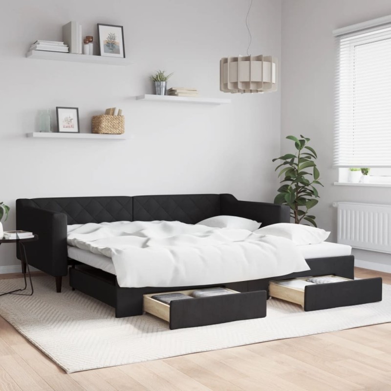 vidaXL Tagesbett Ausziehbar mit Schubladen Schwarz 100x200 cm Stoff vidaXL Tagesbett Ausziehbar mit Schubladen Schwarz 100x200 cm Stoff