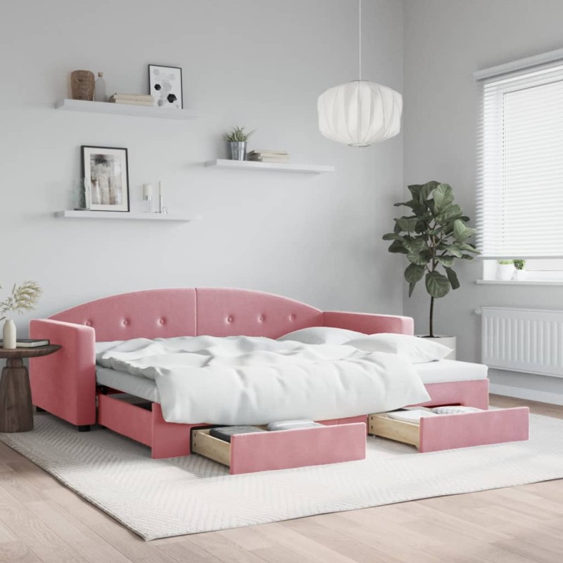 vidaXL Tagesbett Ausziehbar mit Schubladen Rosa 90x200 cm Samt vidaXL Tagesbett Ausziehbar mit Schubladen Rosa 90x200 cm Samt