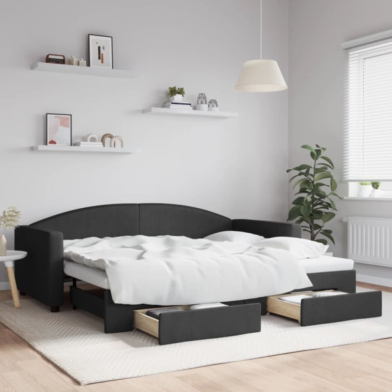 vidaXL Tagesbett Ausziehbar mit Schubladen Schwarz 90x200 cm Stoff vidaXL Tagesbett Ausziehbar mit Schubladen Schwarz 90x200 cm Stoff