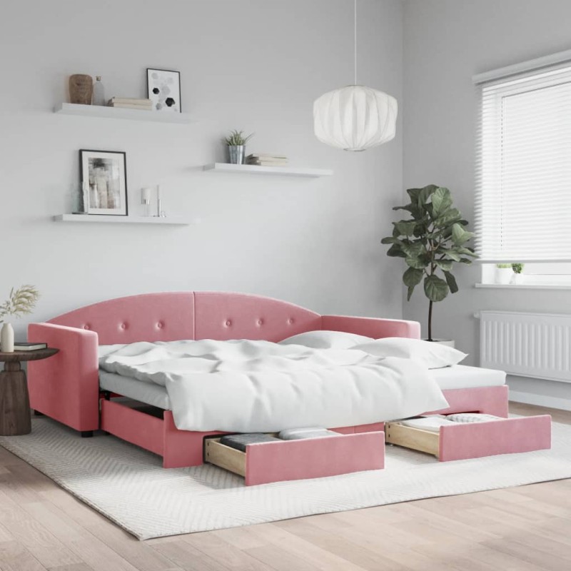 vidaXL Tagesbett Ausziehbar mit Schubladen Rosa 100x200 cm Samt vidaXL Tagesbett Ausziehbar mit Schubladen Rosa 100x200 cm Samt